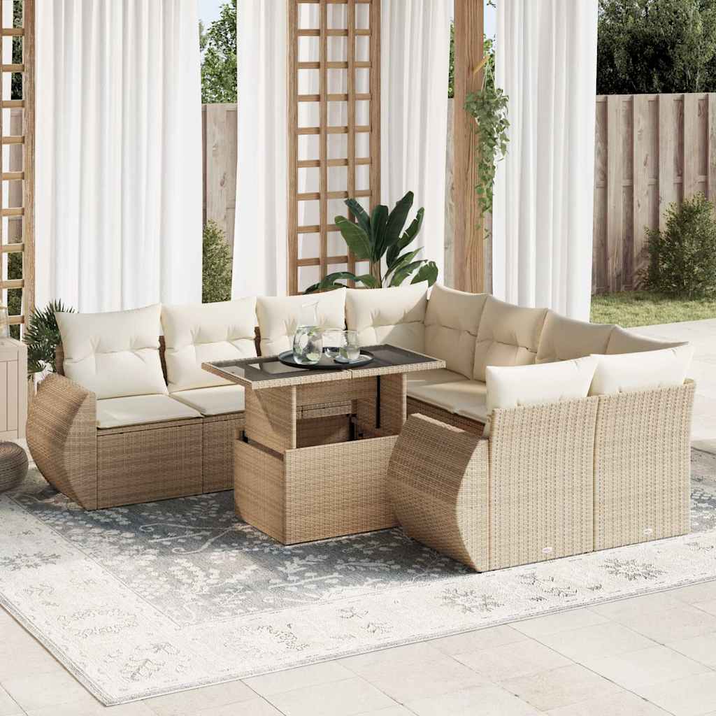 Salon de jardin avec coussins 9 pcs beige résine tressée