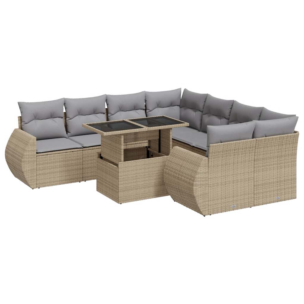 Salon de jardin avec coussins 9 pcs beige résine tressée