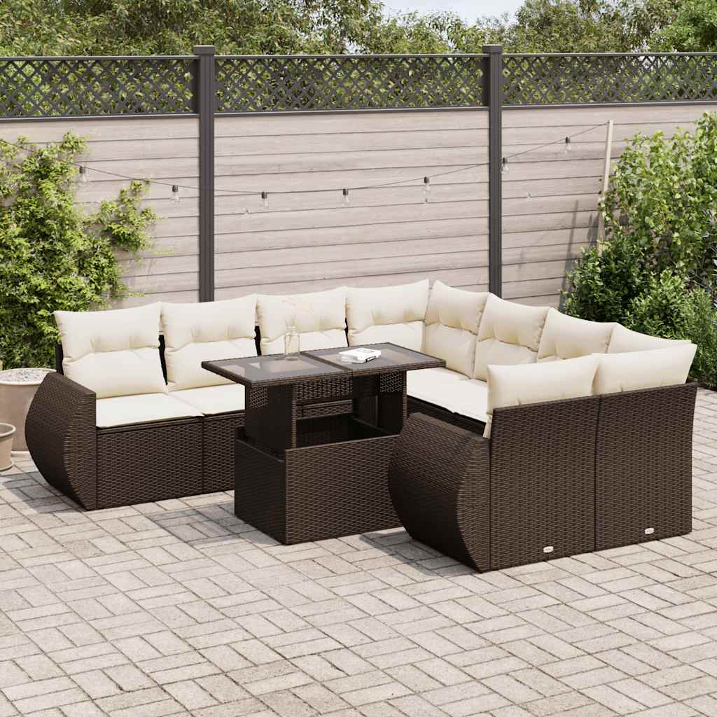 Salon de jardin avec coussins 9 pcs marron résine tressée