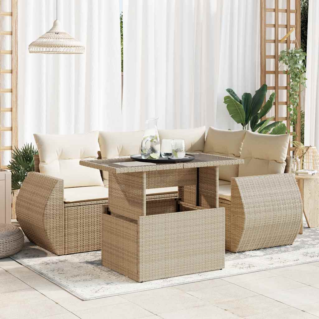 Salon de jardin avec coussins 5 pcs beige résine tressée