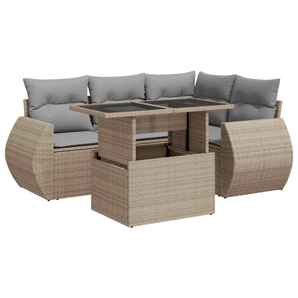 Salon de jardin avec coussins 5 pcs beige résine tressée