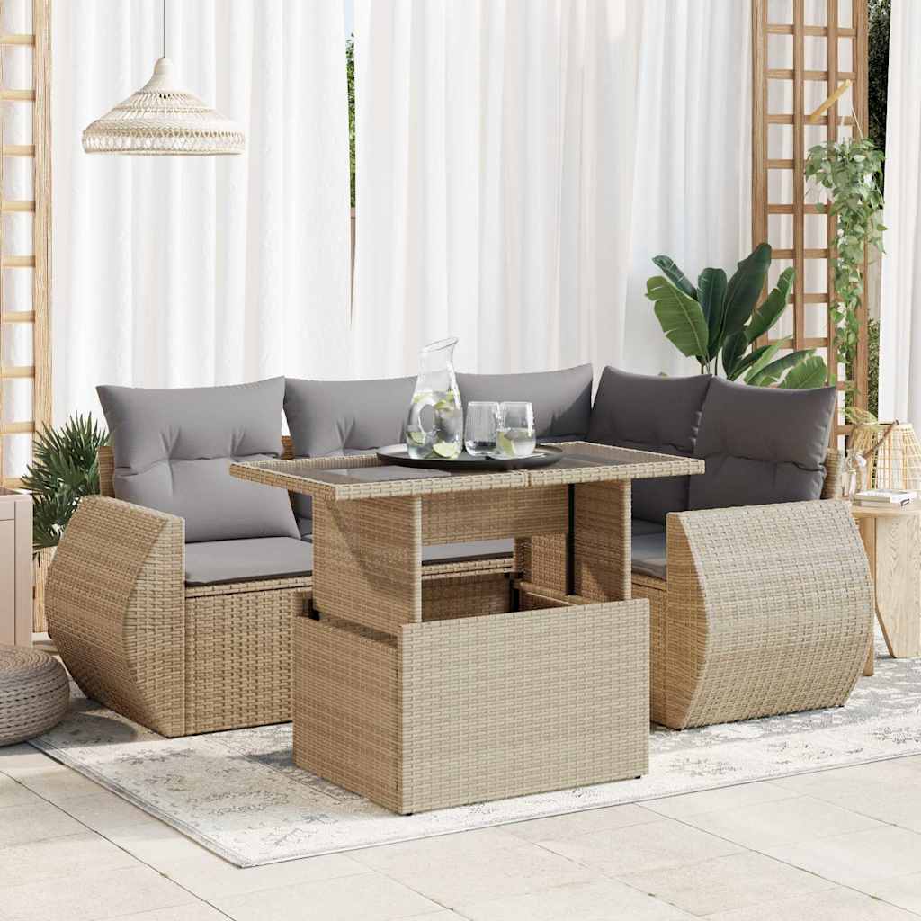 Salon de jardin avec coussins 5 pcs beige résine tressée