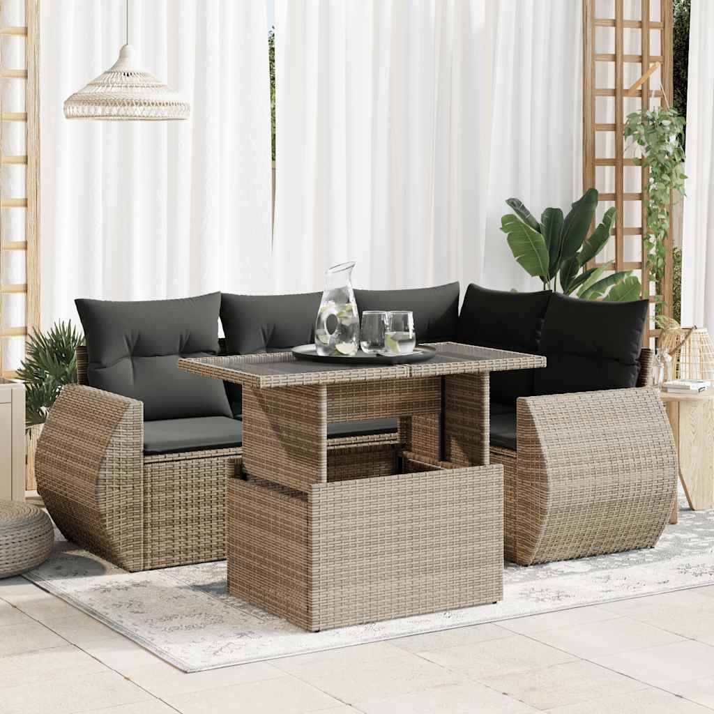 Salon de jardin 5 pcs avec coussins gris résine tressée