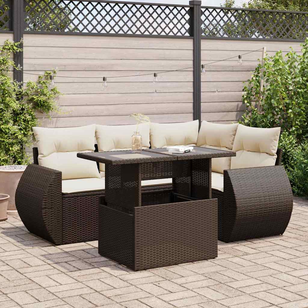 Salon de jardin avec coussins 5 pcs marron résine tressée