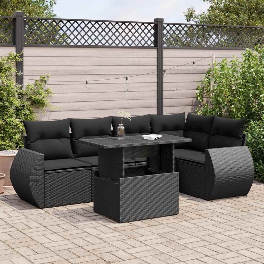 Salon de jardin 6 pcs avec coussins noir résine tressée