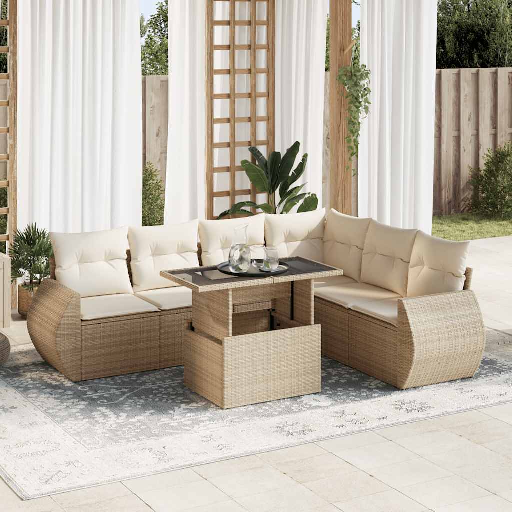 Salon de jardin avec coussins 7 pcs beige résine tressée