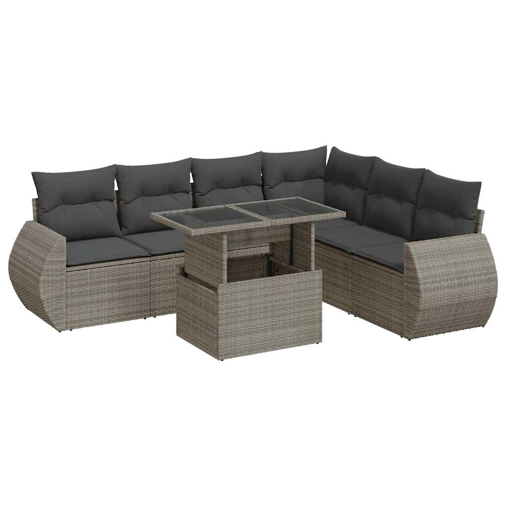 Salon de jardin avec coussins 7 pcs gris résine tressée