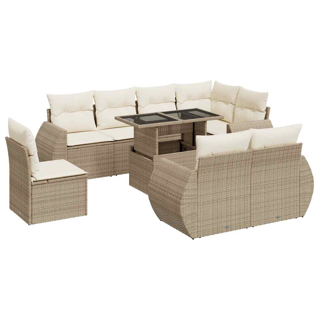 Salon de jardin avec coussins 9 pcs beige résine tressée