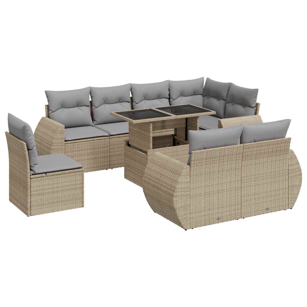 Salon de jardin avec coussins 9 pcs beige résine tressée