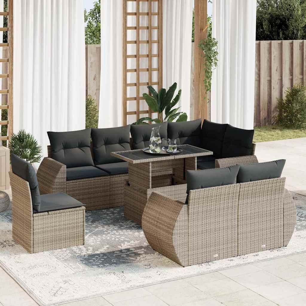 Salon de jardin 9 pcs avec coussins gris résine tressée