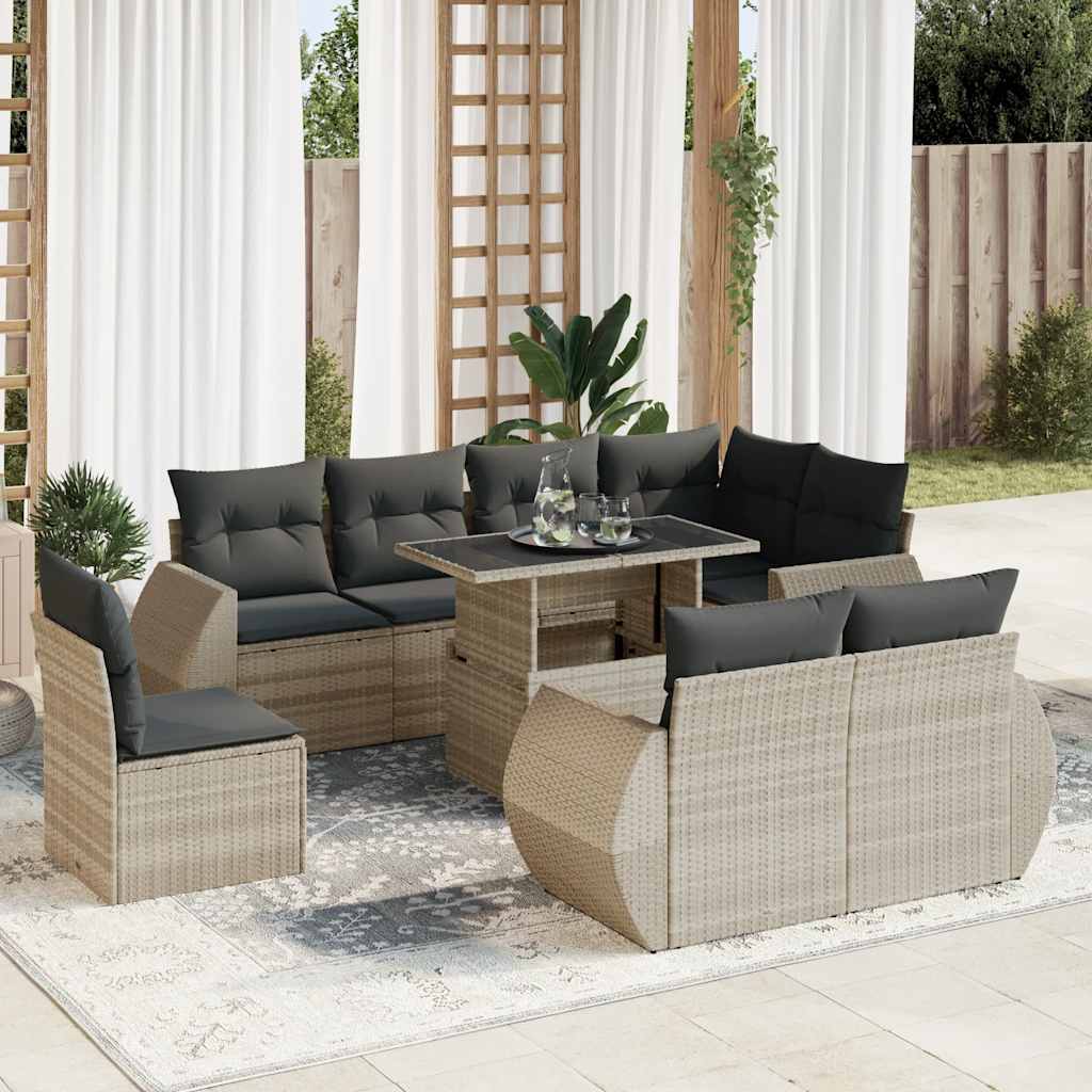 Salon de jardin 9 pcs avec coussins gris clair résine tressée