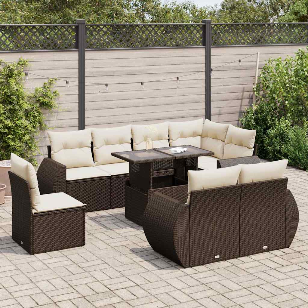 Salon de jardin avec coussins 9 pcs marron résine tressée