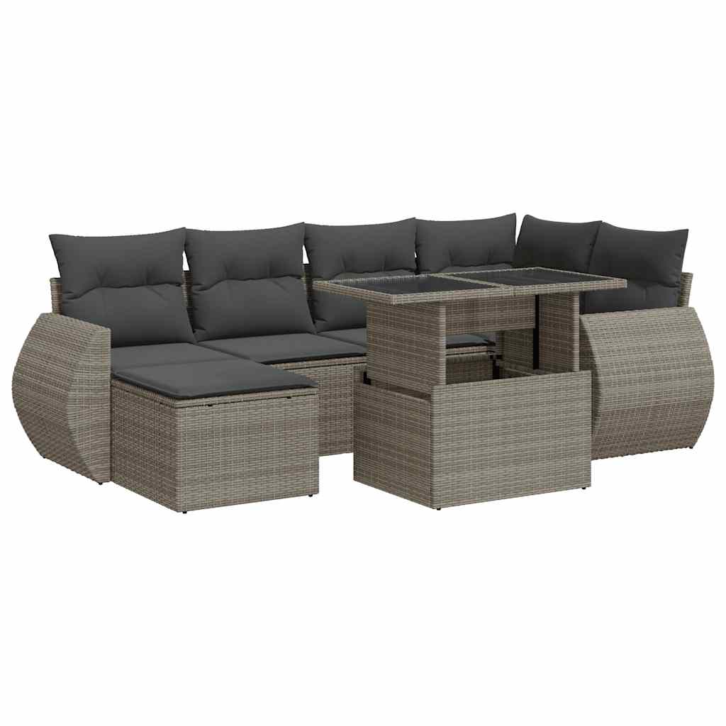 Salon de jardin avec coussins 7 pcs gris résine tressée