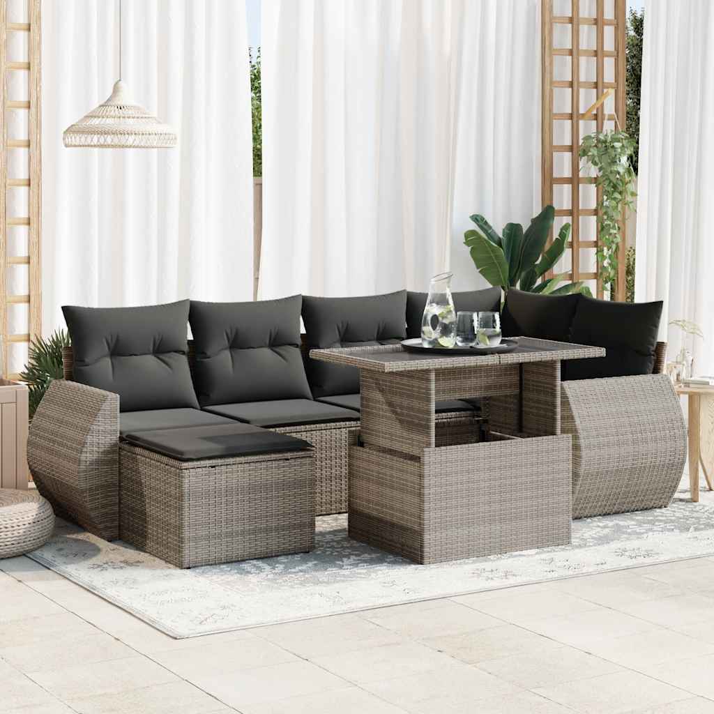 Salon de jardin avec coussins 7 pcs gris résine tressée