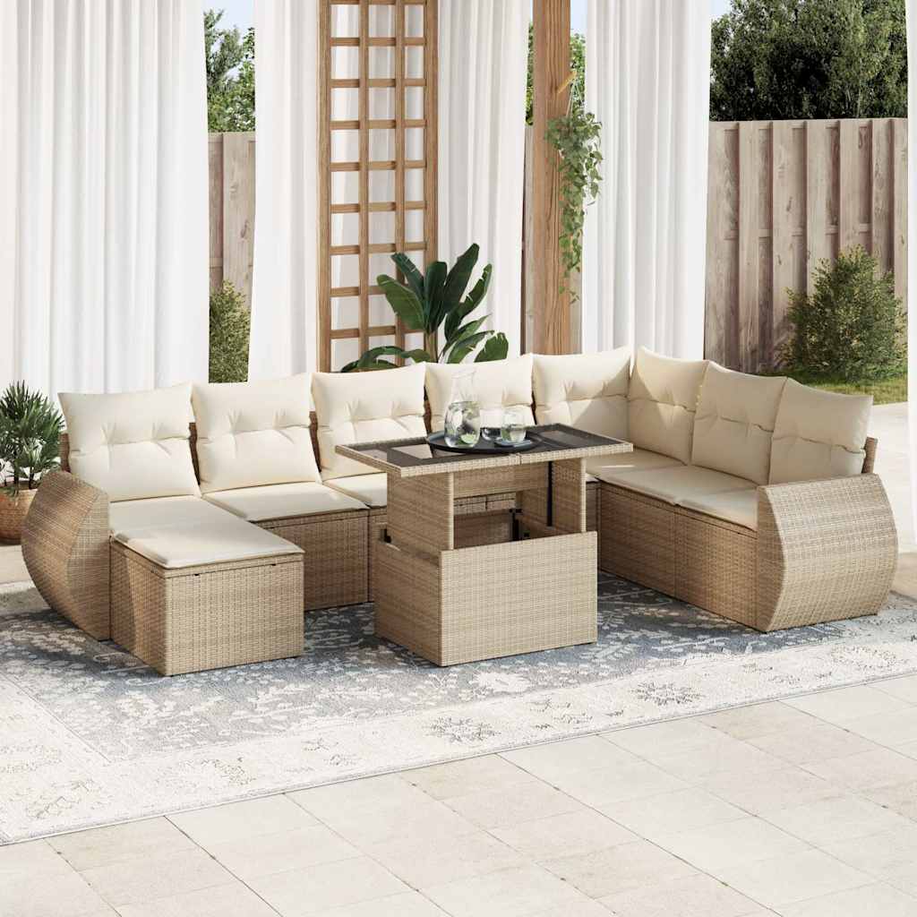 Salon de jardin avec coussins 9 pcs beige résine tressée