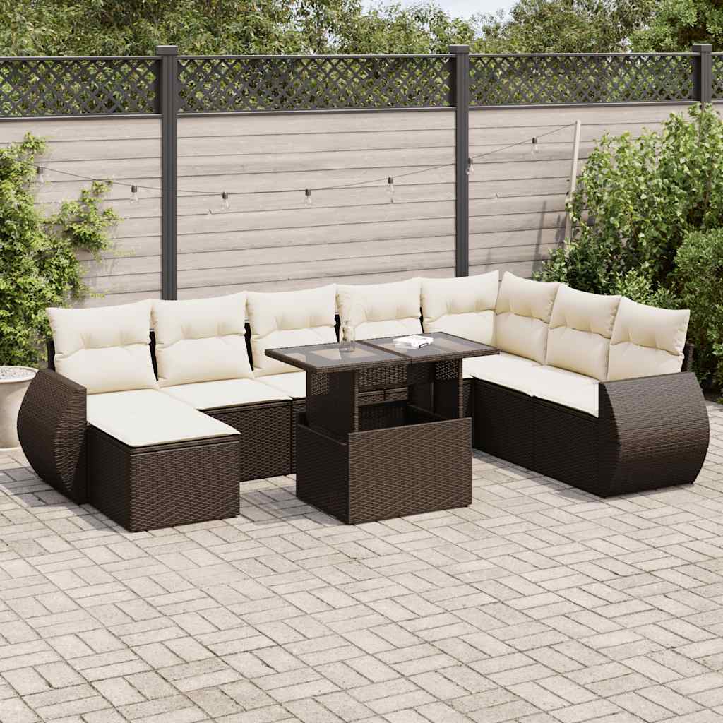 Salon de jardin avec coussins 9 pcs marron résine tressée