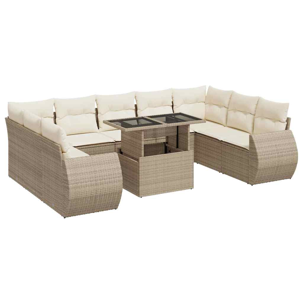 Salon de jardin avec coussins 10 pcs beige résine tressée