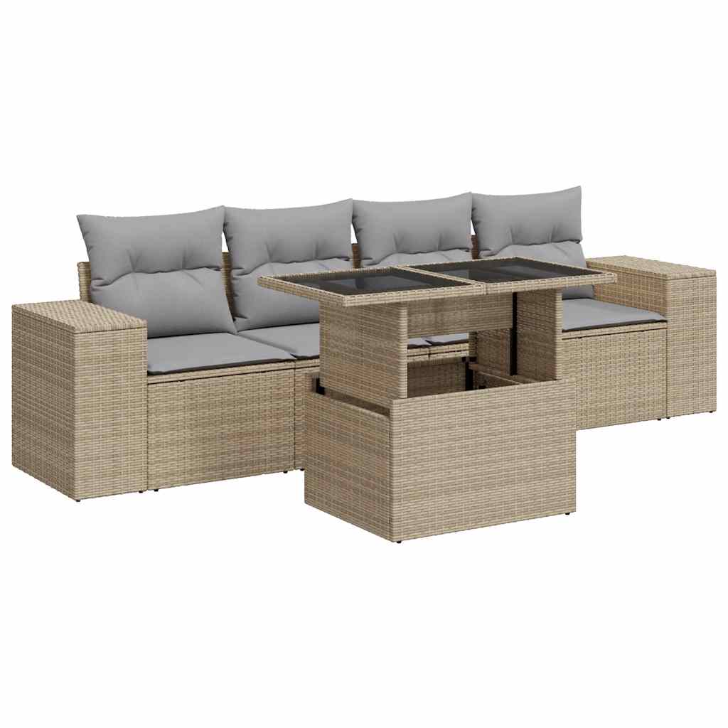 Salon de jardin avec coussins 5 pcs beige résine tressée