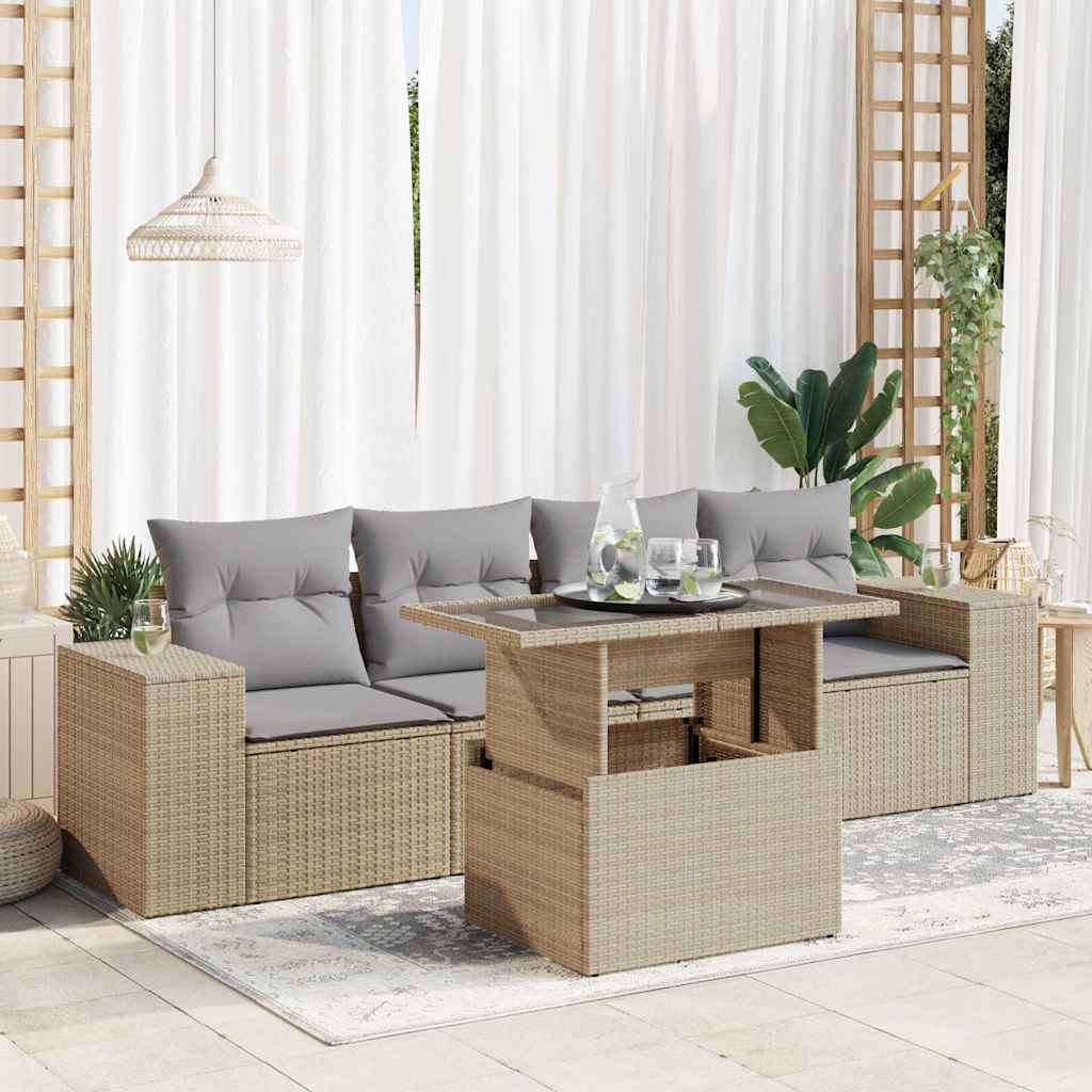 Salon de jardin avec coussins 5 pcs beige résine tressée