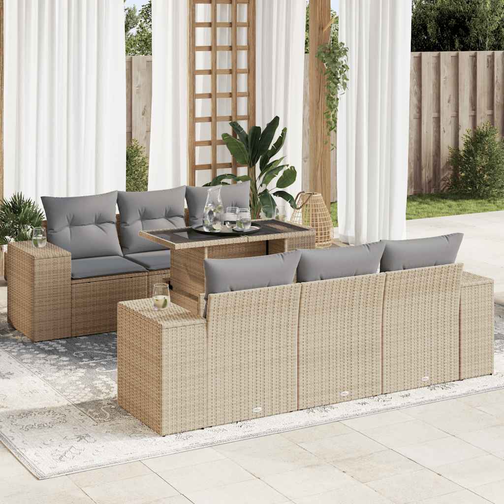 Salon de jardin avec coussins 7 pcs beige résine tressée