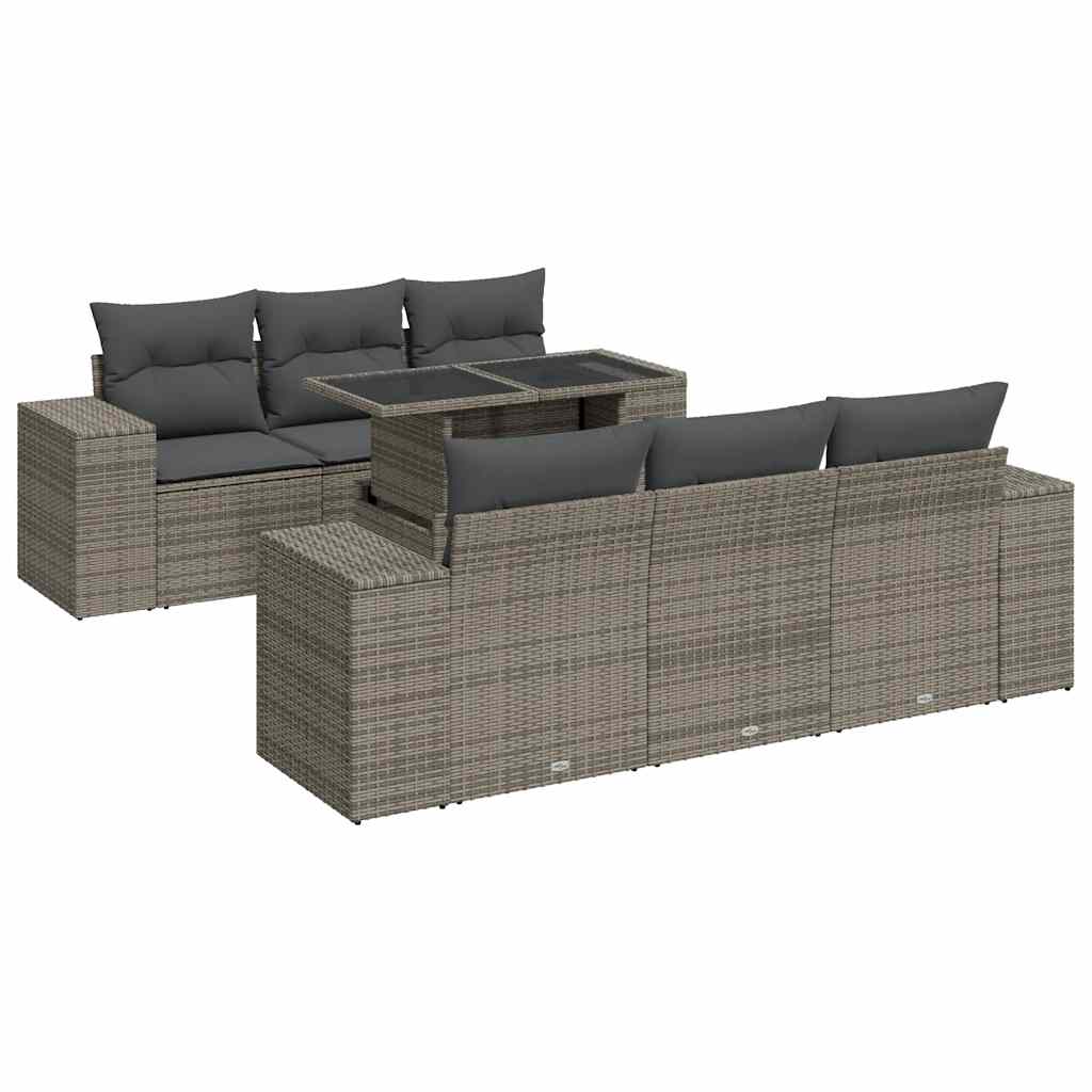 Salon de jardin avec coussins 7 pcs gris résine tressée