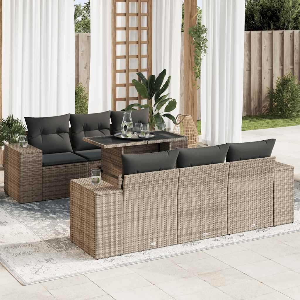 Salon de jardin avec coussins 7 pcs gris résine tressée