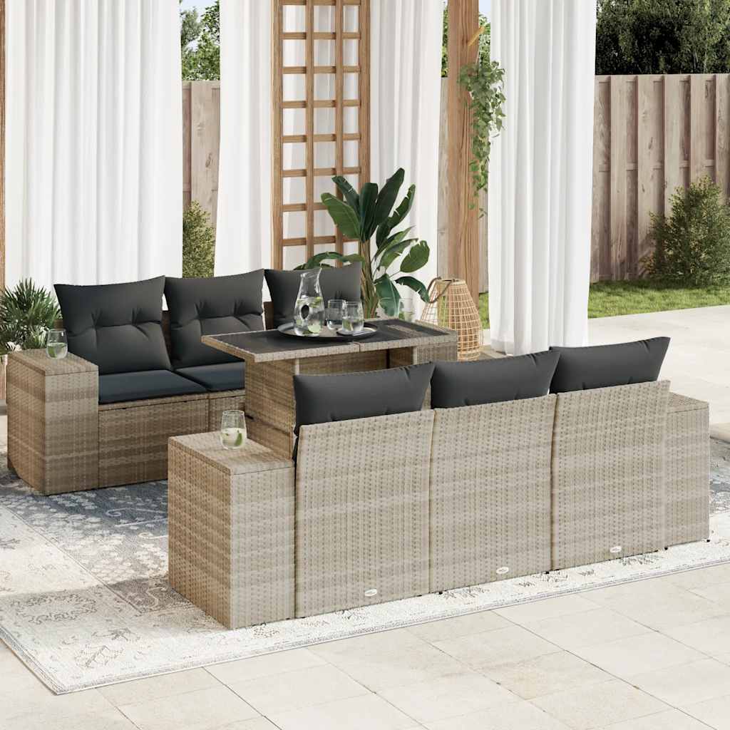 Salon de jardin avec coussins 7 pcs gris clair résine tressée