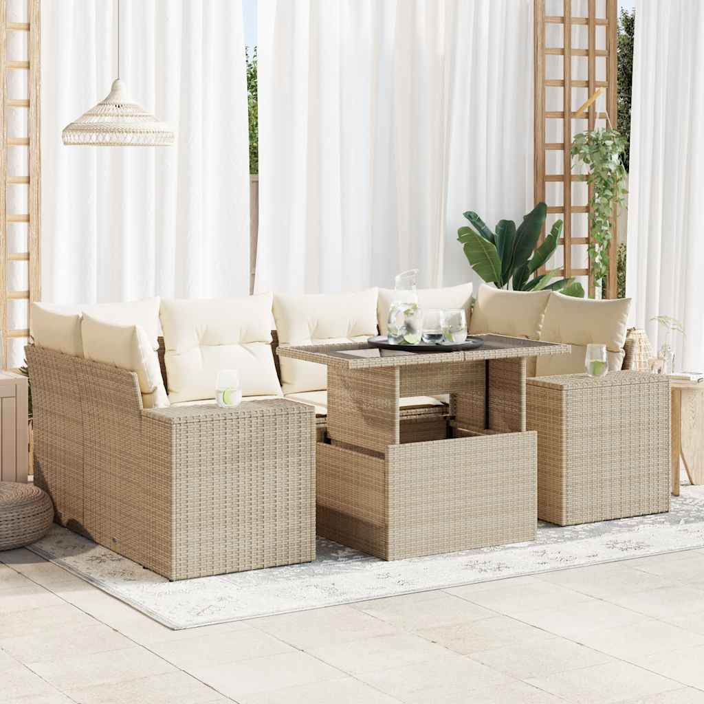 Salon de jardin avec coussins 7 pcs beige résine tressée