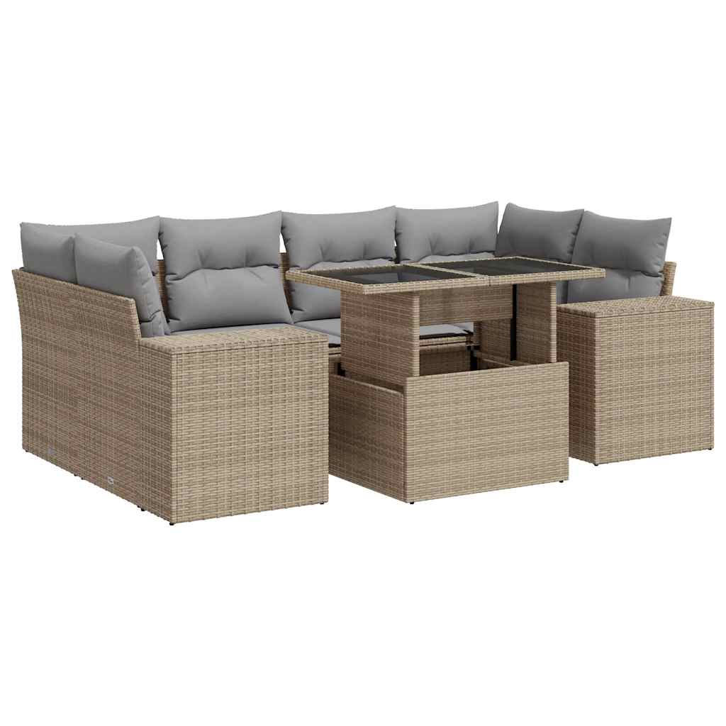 Salon de jardin avec coussins 7 pcs beige résine tressée