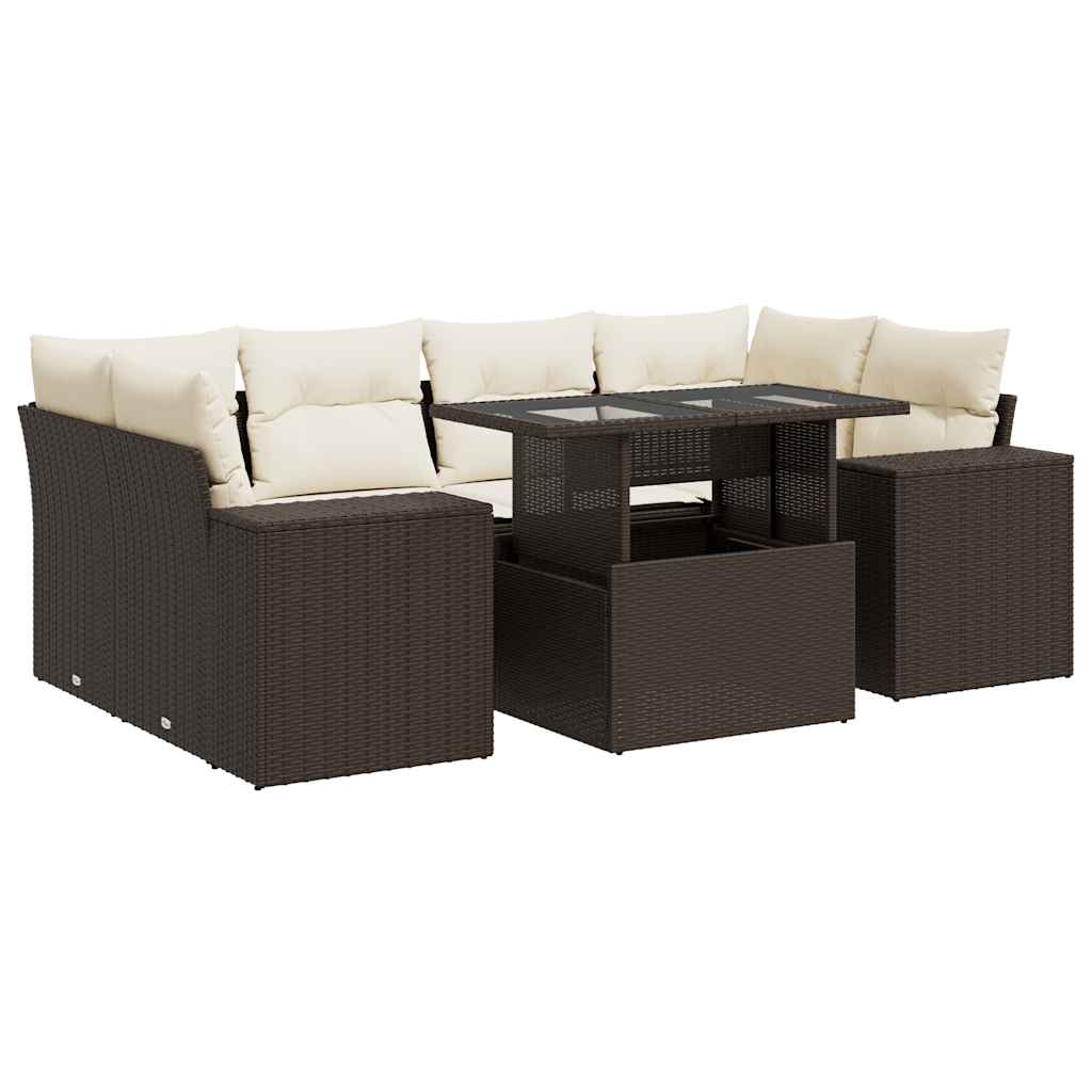 Salon de jardin avec coussins 7 pcs marron résine tressée