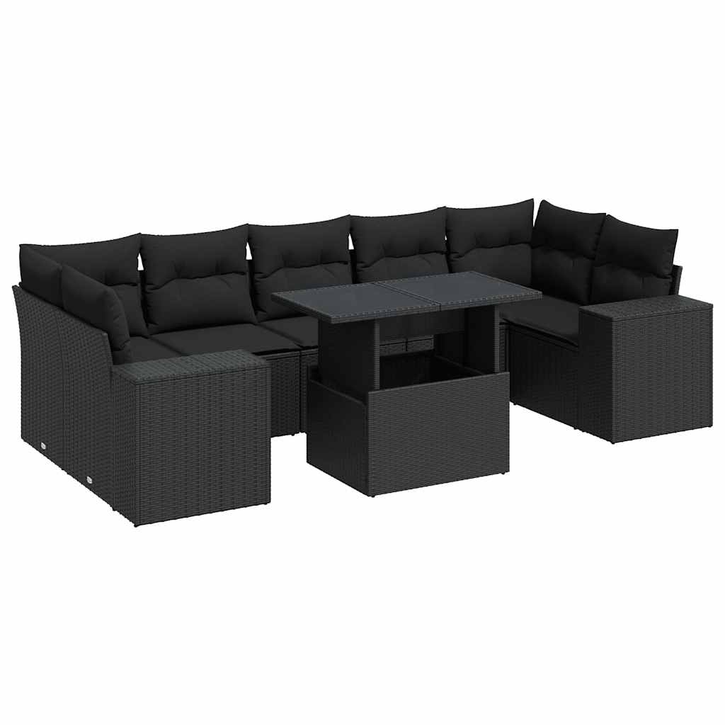 Salon de jardin 8 pcs avec coussins noir résine tressée