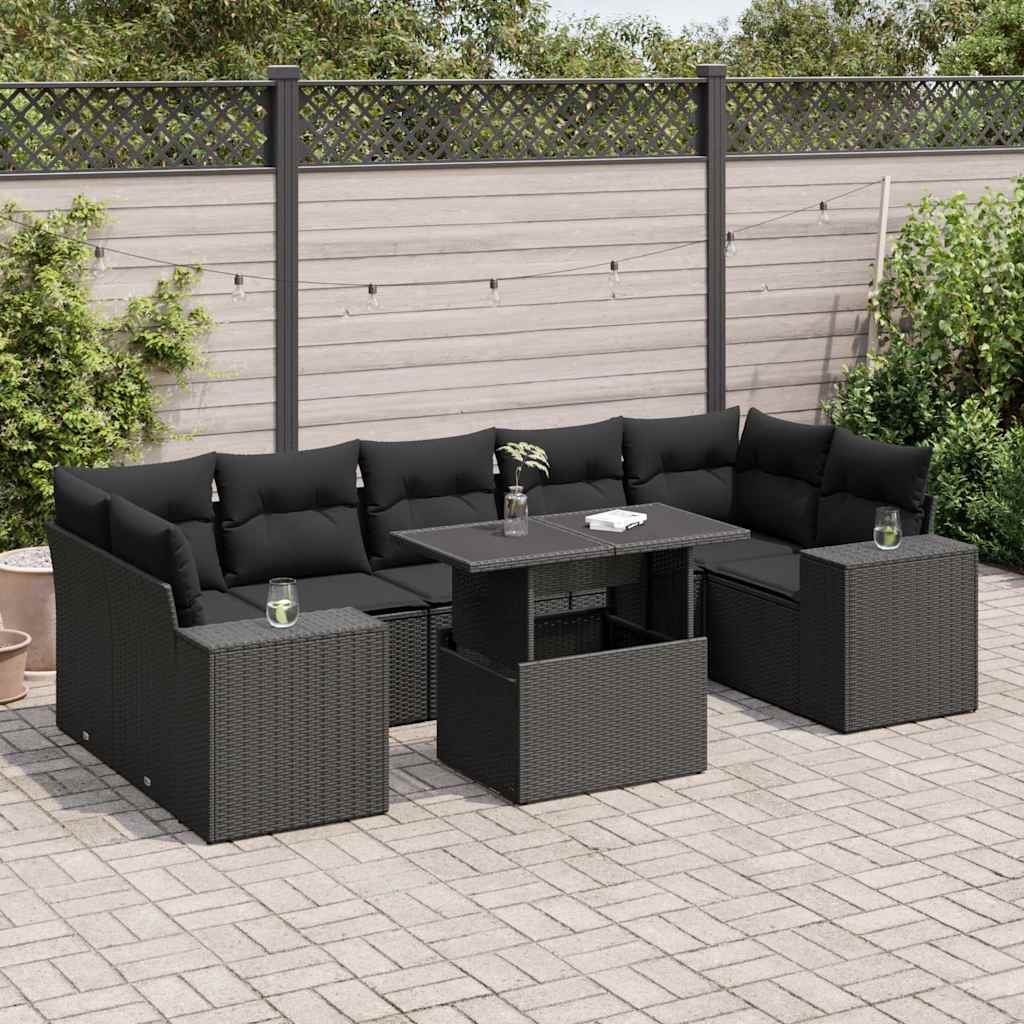 Salon de jardin 8 pcs avec coussins noir résine tressée