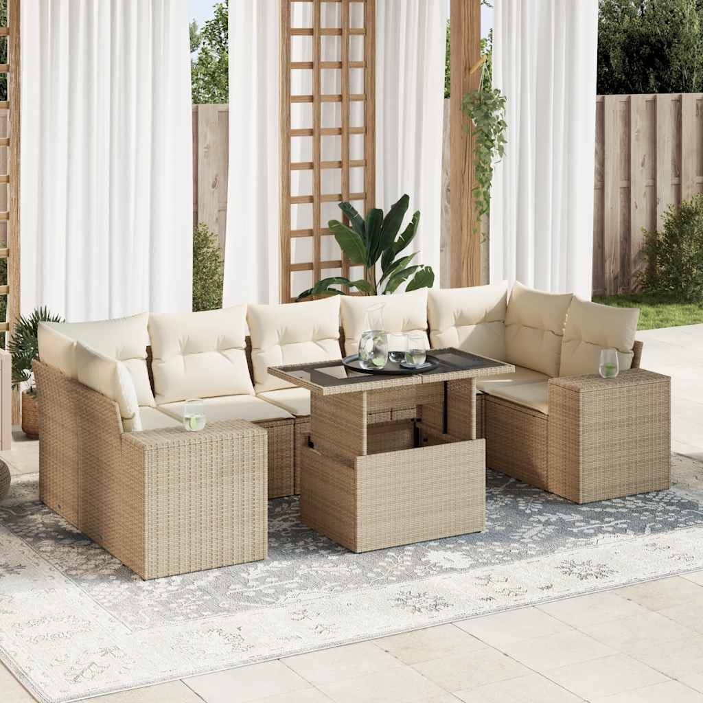 Salon de jardin avec coussins 8 pcs beige résine tressée