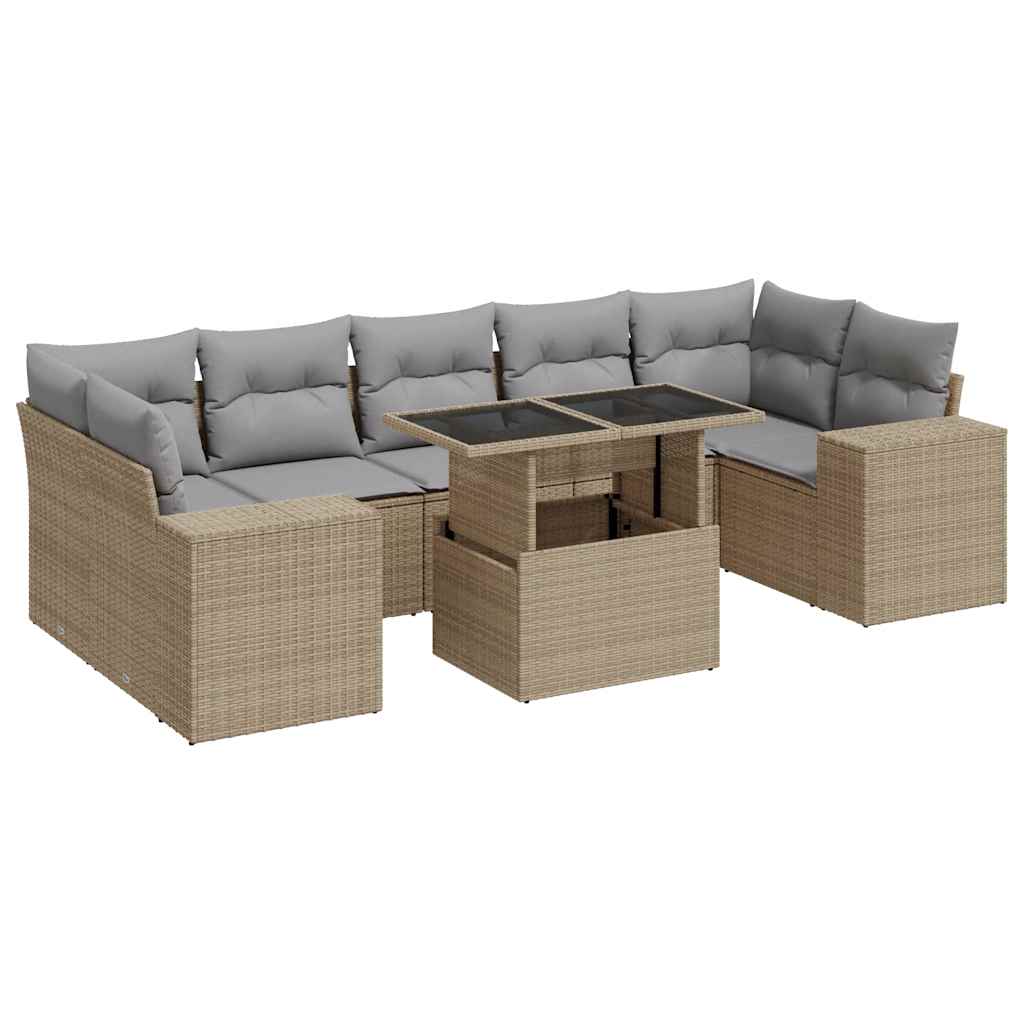 Salon de jardin avec coussins 8 pcs beige résine tressée