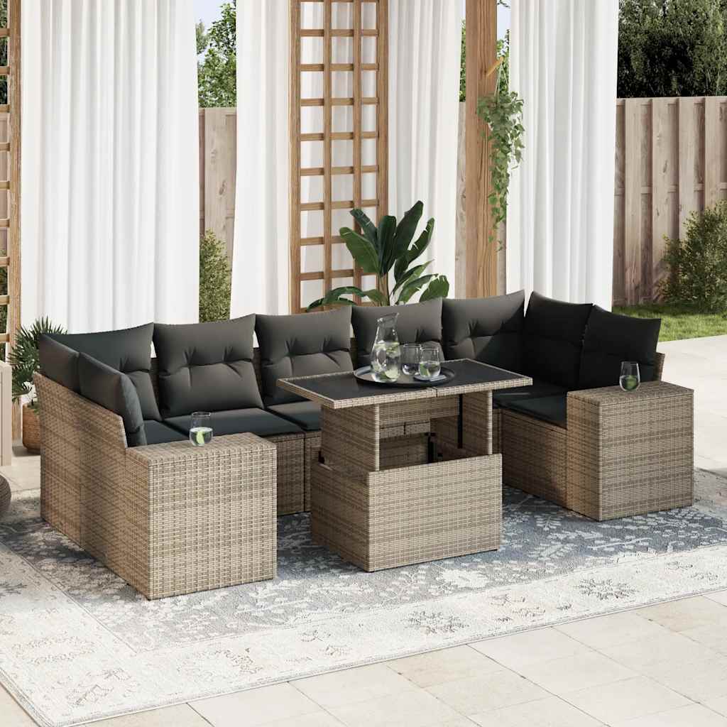 Salon de jardin 8 pcs avec coussins gris résine tressée