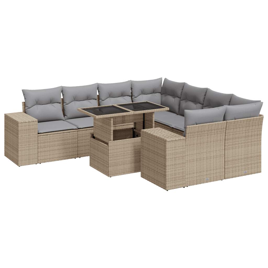 Salon de jardin avec coussins 9 pcs beige résine tressée