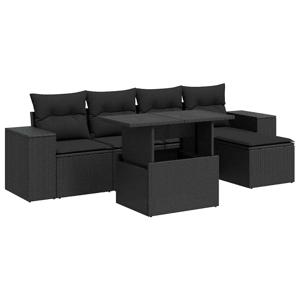 Salon de jardin 6 pcs avec coussins noir résine tressée