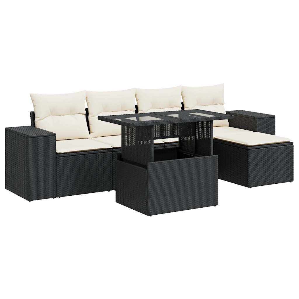 Salon de jardin 6 pcs avec coussins noir résine tressée