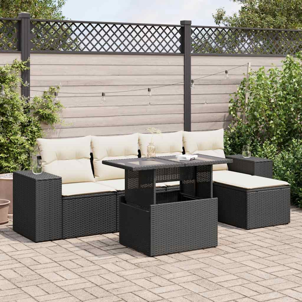 Salon de jardin 6 pcs avec coussins noir résine tressée