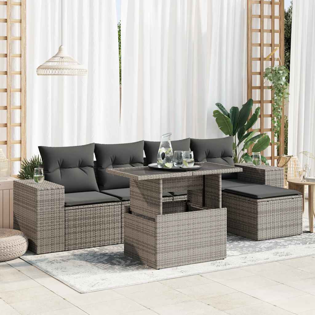 Salon de jardin 6 pcs avec coussins gris résine tressée