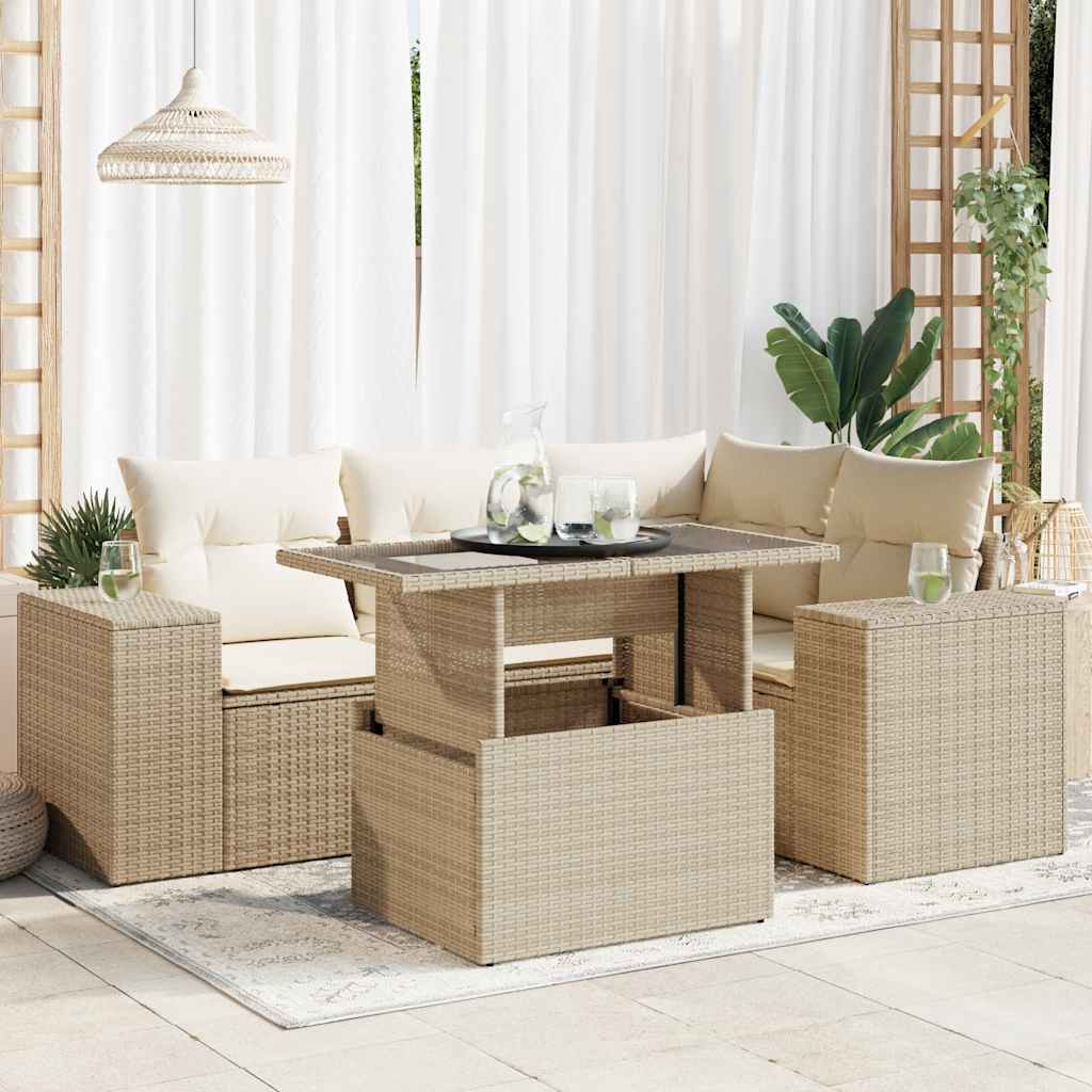 Salon de jardin avec coussins 5 pcs beige résine tressée