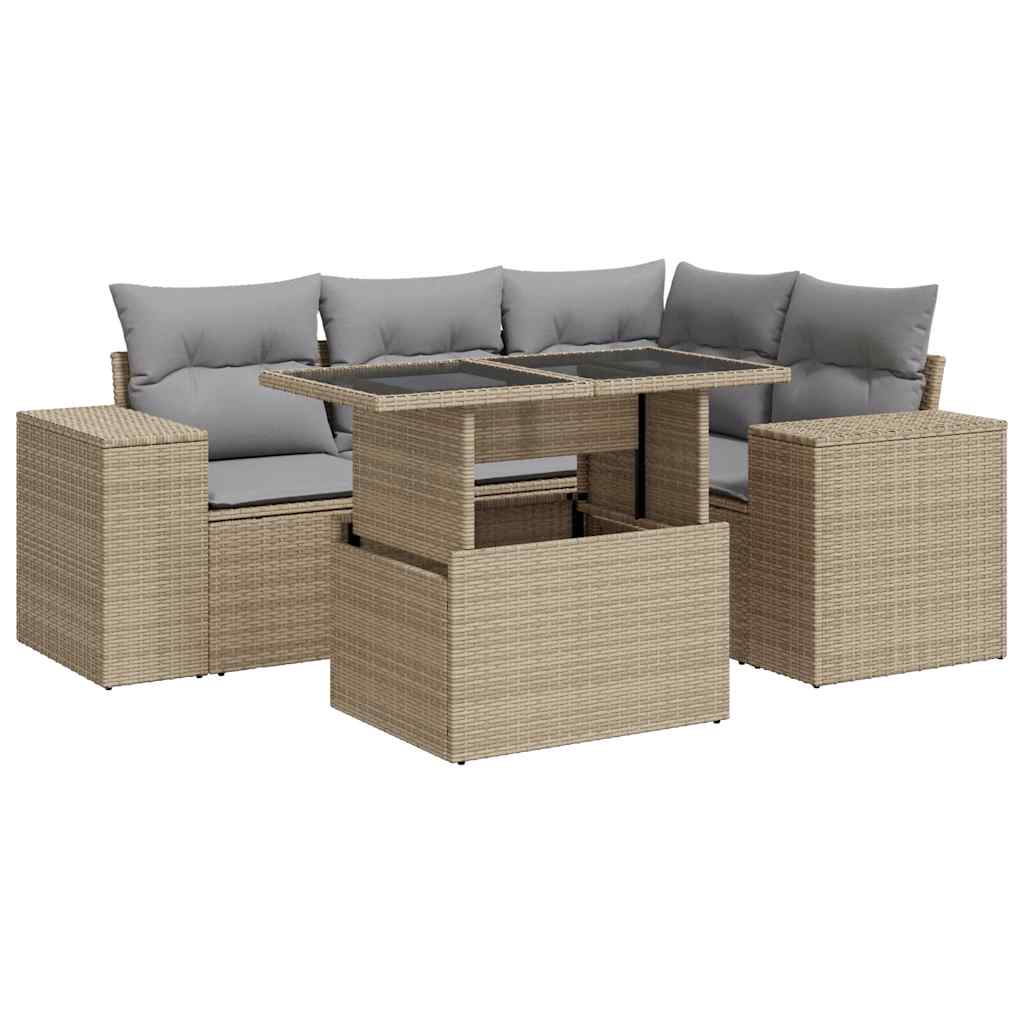 Salon de jardin avec coussins 5 pcs beige résine tressée