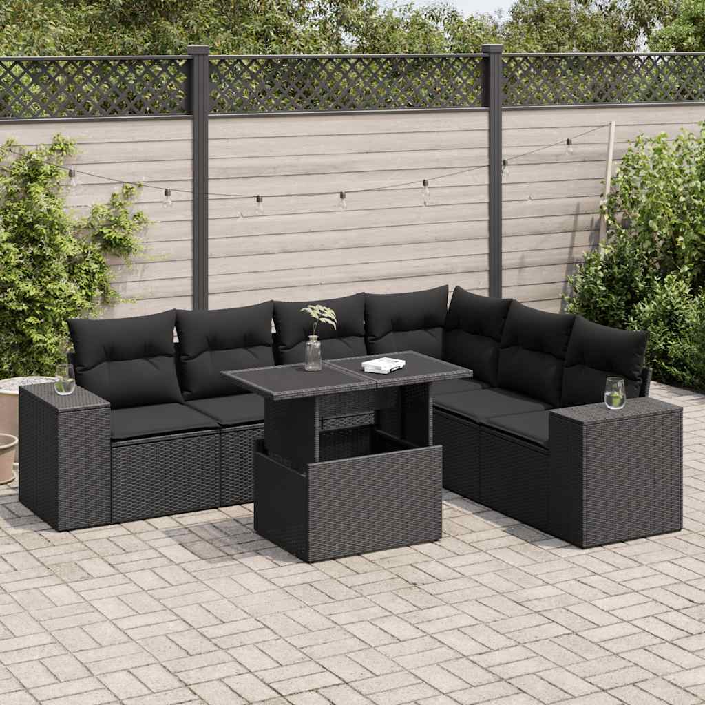 Salon de jardin 7 pcs avec coussins noir résine tressée