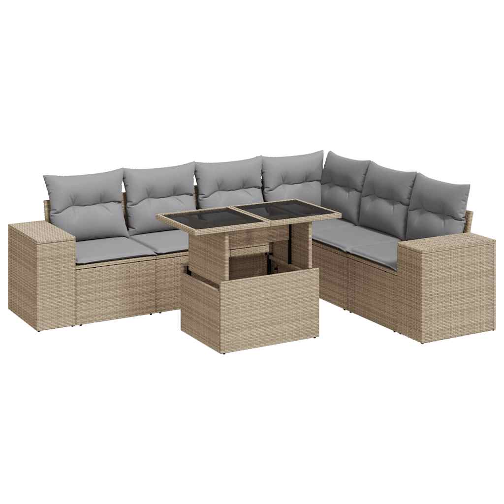 Salon de jardin avec coussins 7 pcs beige résine tressée