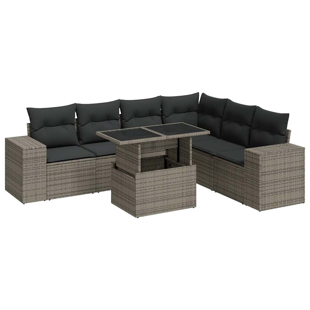 Salon de jardin avec coussins 7 pcs gris résine tressée