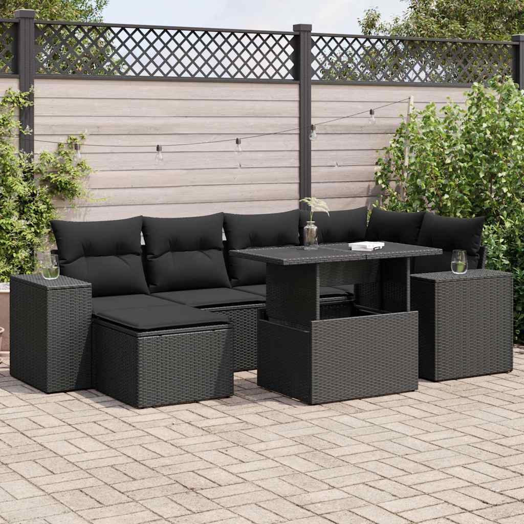 Salon de jardin 7 pcs avec coussins noir résine tressée