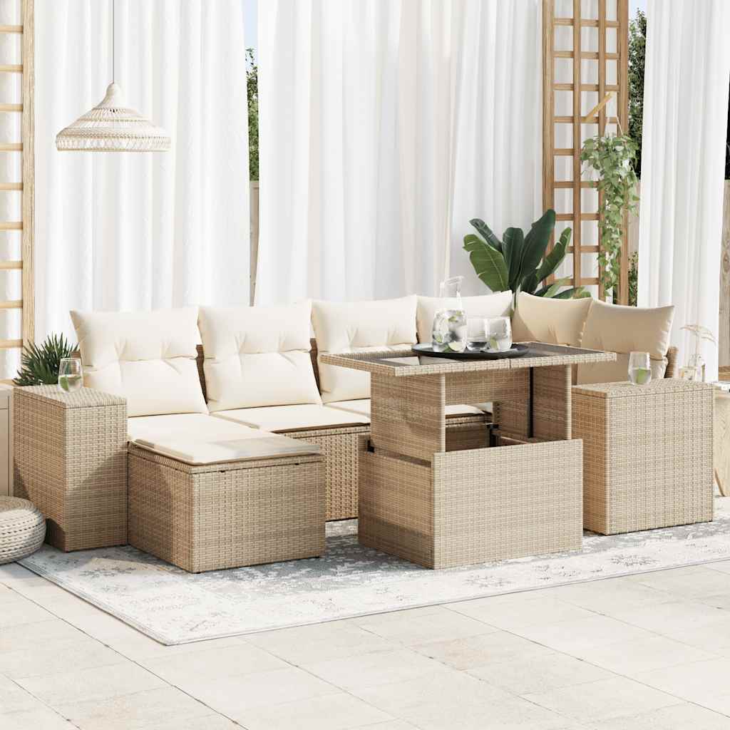 Salon de jardin avec coussins 7 pcs beige résine tressée