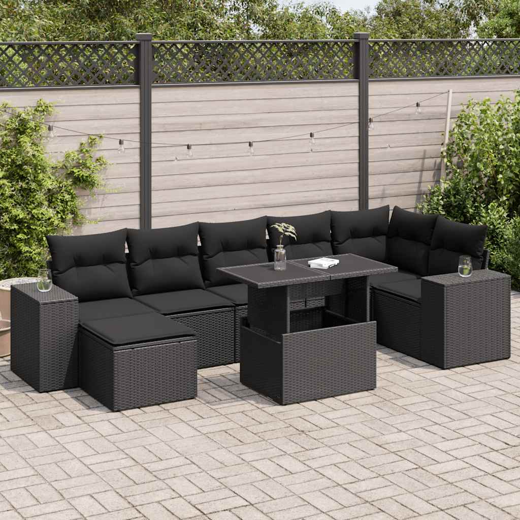 Salon de jardin 8 pcs avec coussins noir résine tressée