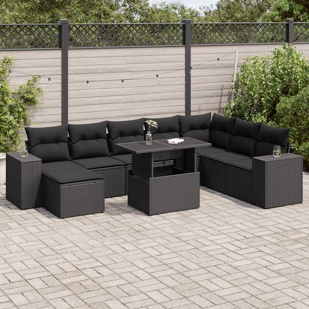 Salon de jardin 9 pcs avec coussins noir résine tressée