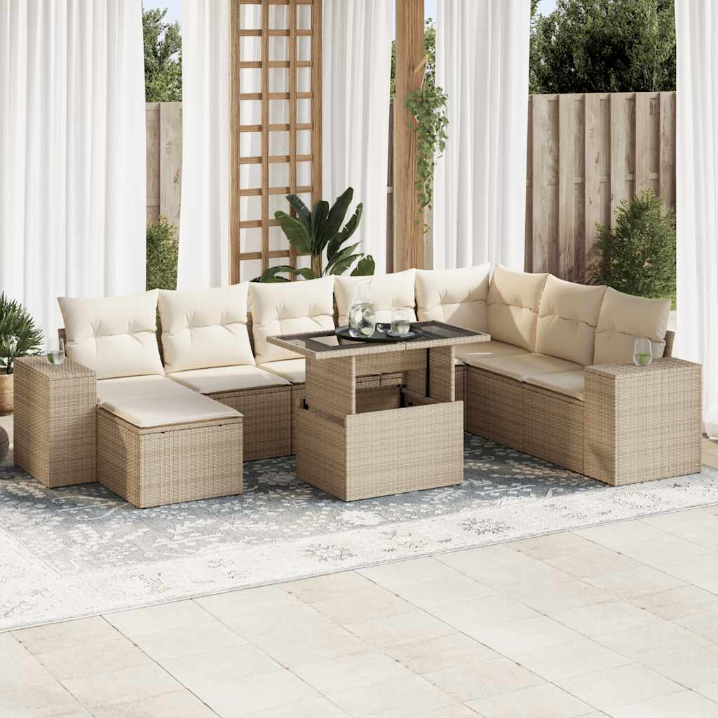 Salon de jardin avec coussins 9 pcs beige résine tressée